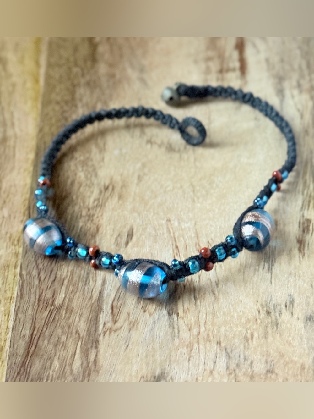 Handmade Venetian Art Glass Rose Gold Foil Bead Navy Macrame Cord Anklet Unisex